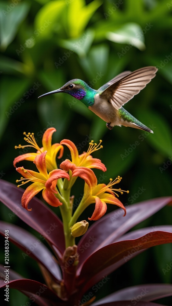 Fototapeta premium Iridescent Hummingbird Hovering Over Vibrant Orchids