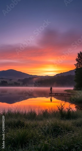Misty lake sunrise with mountain silhouettes and grass