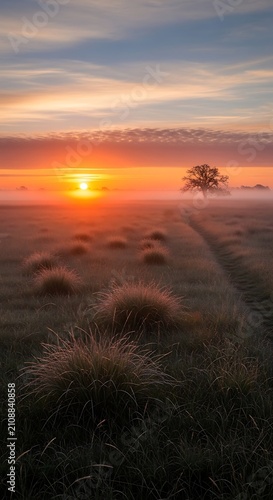 Misty morning field with lone tree and orange sun.