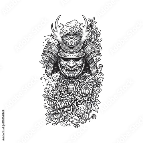 Traditional Japanese samurai mask with antlered kabuto helmet, chrysanthemum and cherry blossoms, swirling clouds, and intricate black and white line art for tattoo and vector artwork