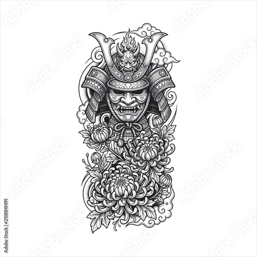 Detailed Japanese samurai mask with ornate kabuto helmet, fierce oni crest, chrysanthemum flowers, and swirling clouds in black and white line art, perfect for tattoo and vector designs