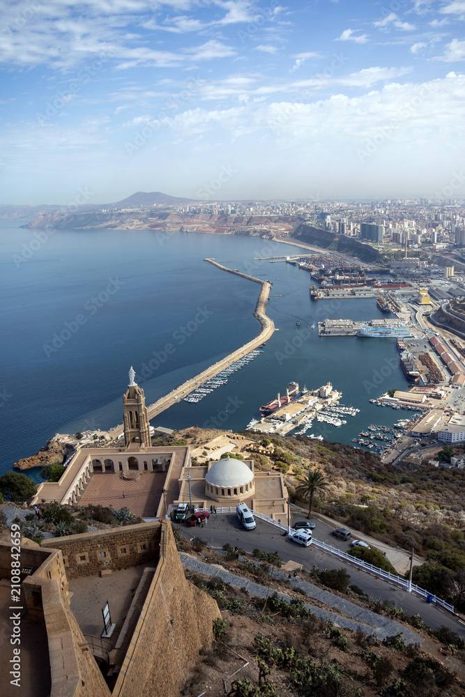 Fototapeta premium Vertical Panorama from Fort Santa Cruz Santa Cruz Chapel Tower and Oran Harbor in Full View