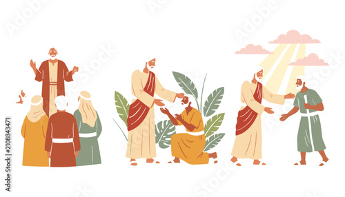 Fotografie Christian biblical vector illustration set depicting Jesus Christ preaching heal