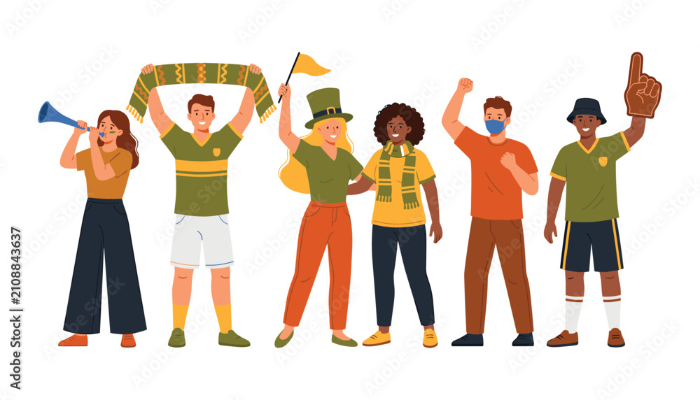 Fototapeta premium Diverse group of sports fans and cheering supporters wearing green and yellow team colors celebrating victory together vector illustration