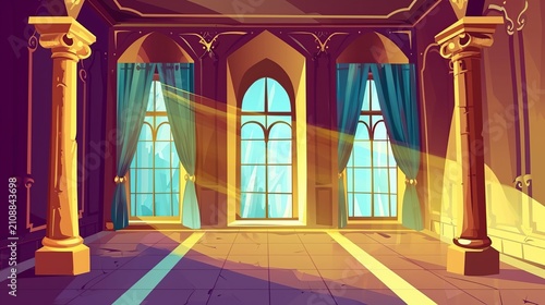 Sunlit grand hall with arched windows, purple columns, and golden accents in regal architecture
