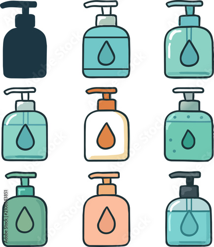Hand soap pump bottle set in doodle filled and outline style
