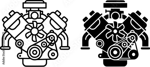 Car engine icon set. Internal combustion motor symbols in outline and solid black styles. Editable vector illustration on white background.