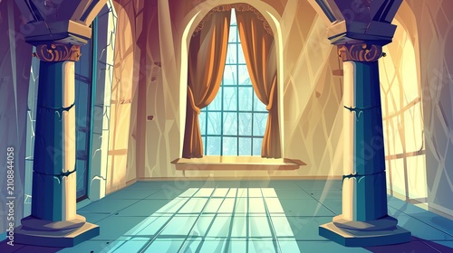 Sunlit Medieval Hall with Arched Windows and Columns in a Dreamlike Castle Interior