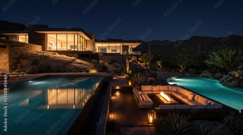 Fototapeta premium Modern desert residence with pool and fire lounge at night
