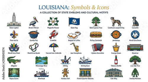 Louisiana cultural symbols and state emblems icon set on white background featuring traditional motifs, landmarks, and local icons