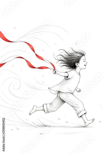 Joyful Young Girl Running with a Red Ribbon in a Whimsical Sketch.