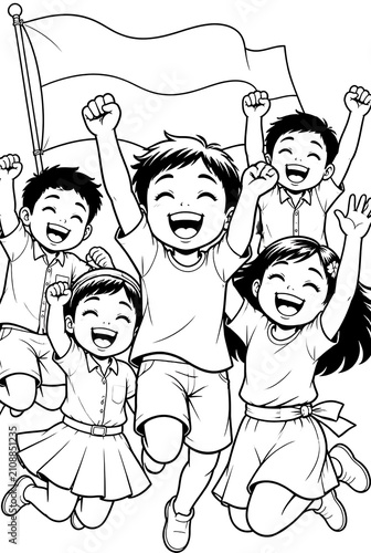 Happy Children Celebrating Victory with a Flag.