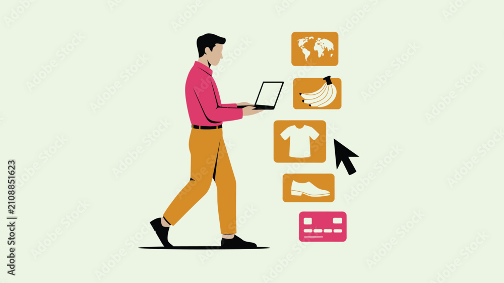 Fototapeta premium Stylized person using a laptop to browse various online shopping categories and product options