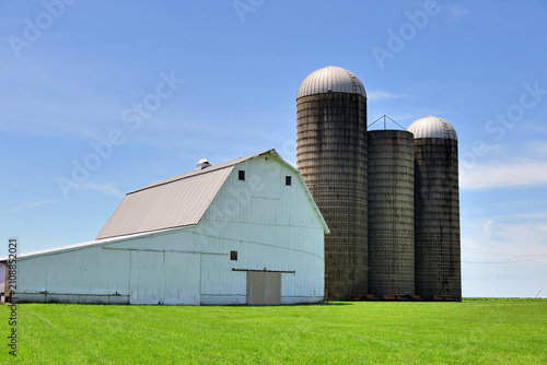 A white barn and three storage silos project a serene scene while gracing a farm in northeastern Illinois.