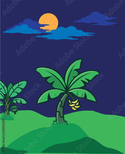 Foto Tropical Night Scene with Banana Trees and Full Moon