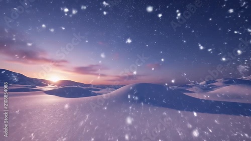 Starry Night Over Snow-Covered Sand Dunes Beneath a Pink Horizon and Falling Snow