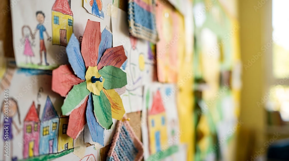 Fototapeta premium Colorful children drawings pinned on a classroom bulletin board