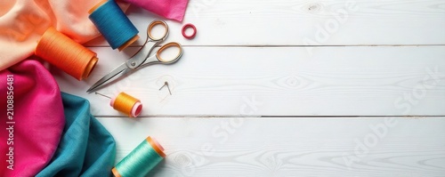 Assorted fabrics, scissors, pins, needles, thread spools on white wood , craft, thimble, button
