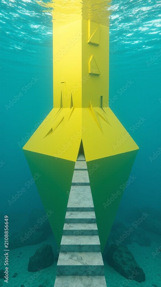 Fototapeta premium Emerging Yellow Geometric Podium from Deep Blue Water