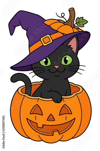 Cute cartoon black cat with green eyes wearing a witch hat sitting inside a carved halloween pumpkin.
