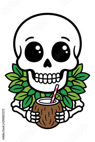 Konstfotografi Funny cartoon skeleton wearing lei holding coconut drink with straw, tropical vacation or luau theme