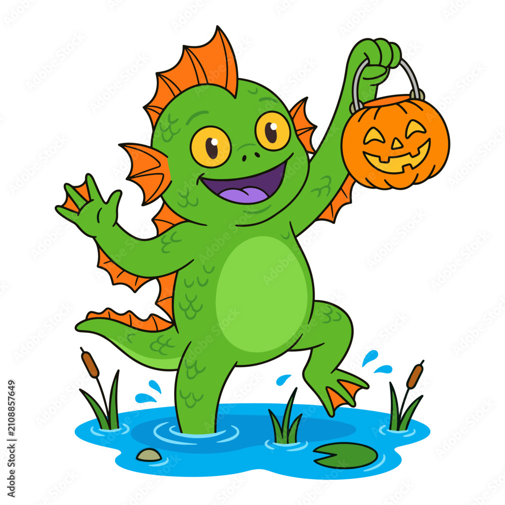 Fototapeta premium Cute swamp monster holding a jack o lantern in water.