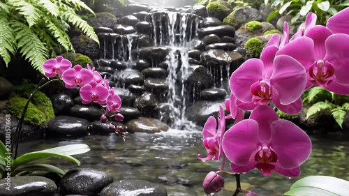 Tranquil Garden Waterfall Scene Framed by Lush Ferns and Purple Orchids