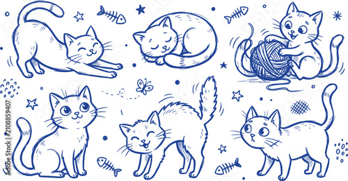 Cute playful kittens doodle illustration, adorable felines in various poses like playing with yarn, stretching, sleeping and looking curious, perfect for pet-related designs.