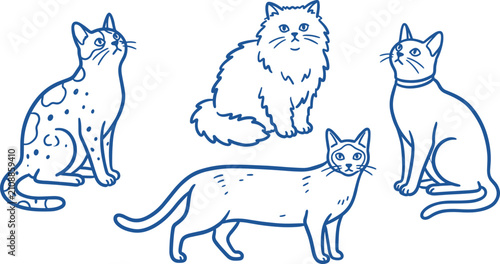 Charming line art illustration of four diverse domestic cats in a simple style