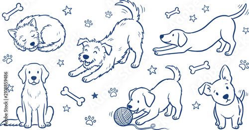 Charming sketch of playful puppies and a cozy kitten with bones and paw prints