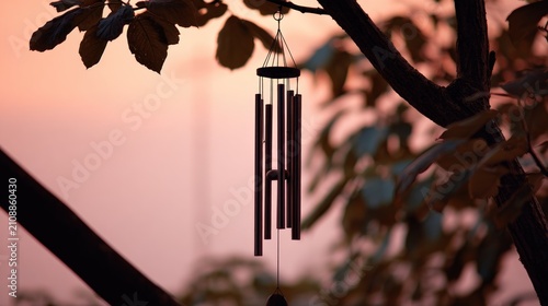 Wind chime hanging from tree branches