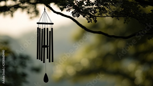 Wind chime hanging from tree branch