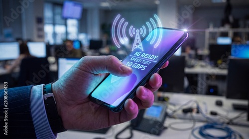 Smartphone displaying 10 gbps 5g speed test hologram in modern office