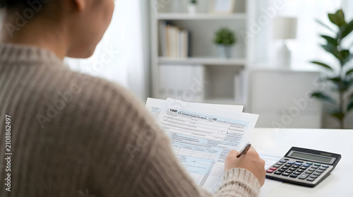 Tax form tax return accountant calculator paperwork finance Tax form paperwork with calculator, person holding pen reviewing tax return document home office desk, focused filing and financial