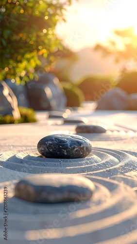 Serene Zen garden with stones and sand.