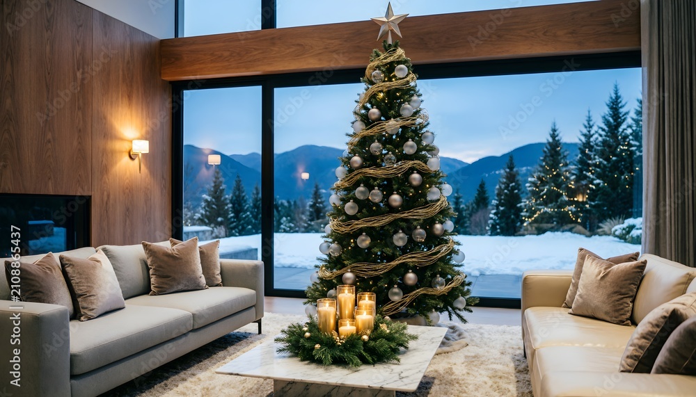 Fototapeta premium luxury modern living room with christmas tree and snowy mountain winter view