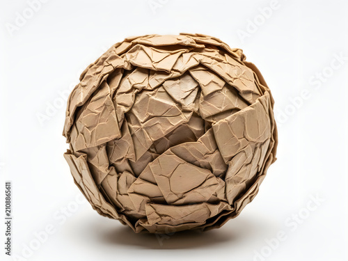 Abstract sphere made of broken brown paper pieces isolated on white background
