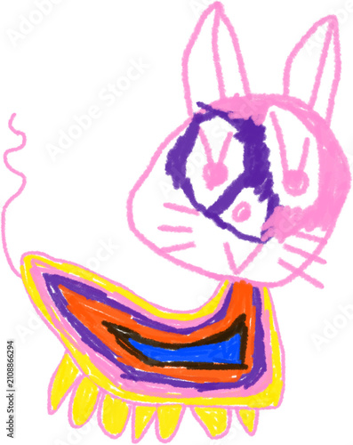Cute Child Drawn Cat Character in Colorful Clothes by a Four-Year-Old Child