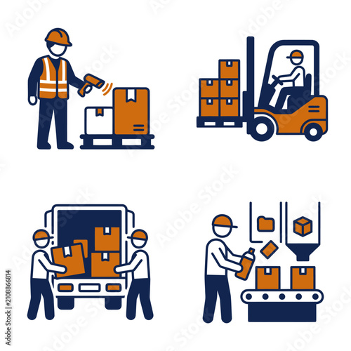 Workers handling boxes and forklift operations.