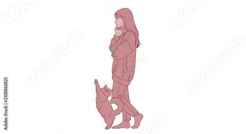 Woman standing thoughtfully with a playful cat reaching up