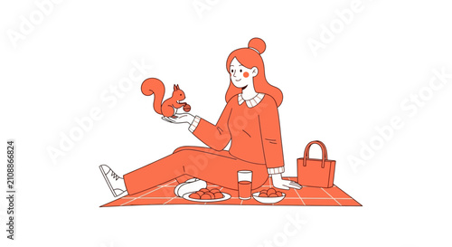 Young woman having a picnic with squirrel outdoors