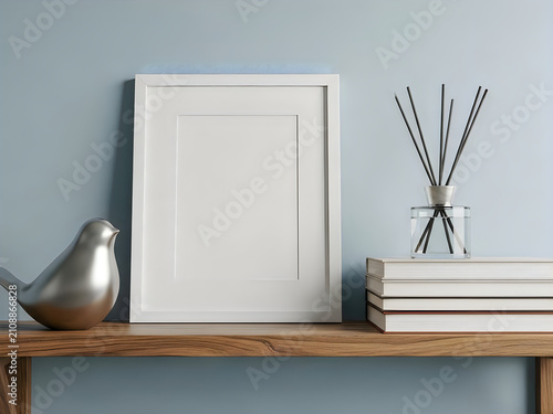 Blank picture frame with books and decor on wooden shelf isolated on white background