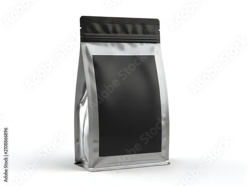 Blank silver coffee pouch bag with black label mockup isolated on white background