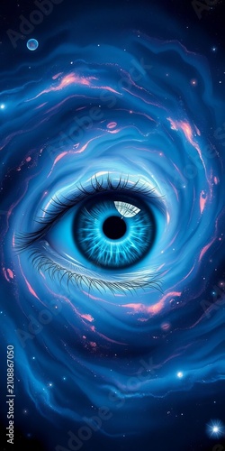Cosmic blue eye surrounded by swirling galaxies, beauty, universe