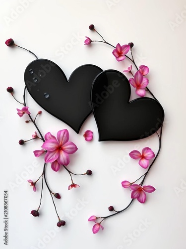 Elegant black heart shapes entwined with delicate floral vines, droplets of water glisten on petals in symmetrical arrangement on white background, water, Valentine's Day
