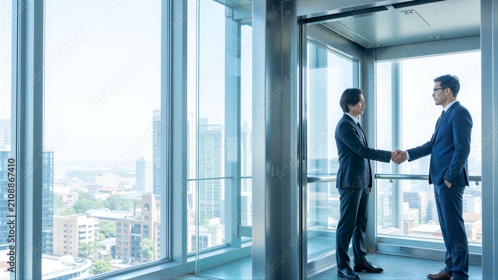 Fototapeta premium Two businessmen shake hands in a modern elevator with cityscape view.