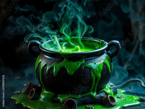 Witch's cauldron bubbling with green slime, surrounded by eerie mist, slime, ||spooky