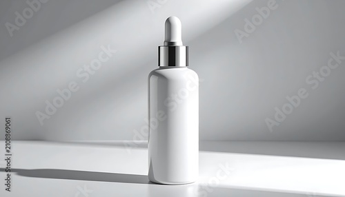 Serum bottle on white surface.