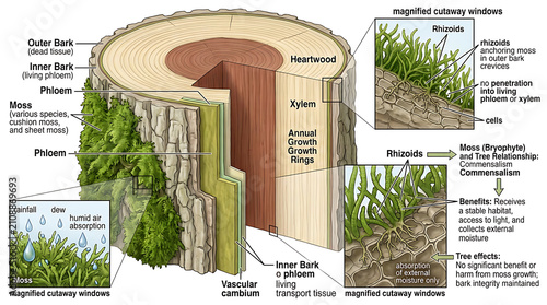 Konstfotografi Detailed scientific illustration of a tree trunk cross-section showing bark laye