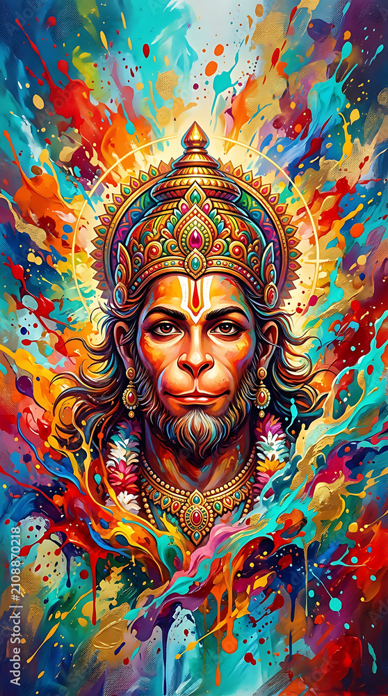Fototapeta premium Vibrant and detailed portrayal of a mythological figure adorned with traditional jewelry and headgear set against an energetic